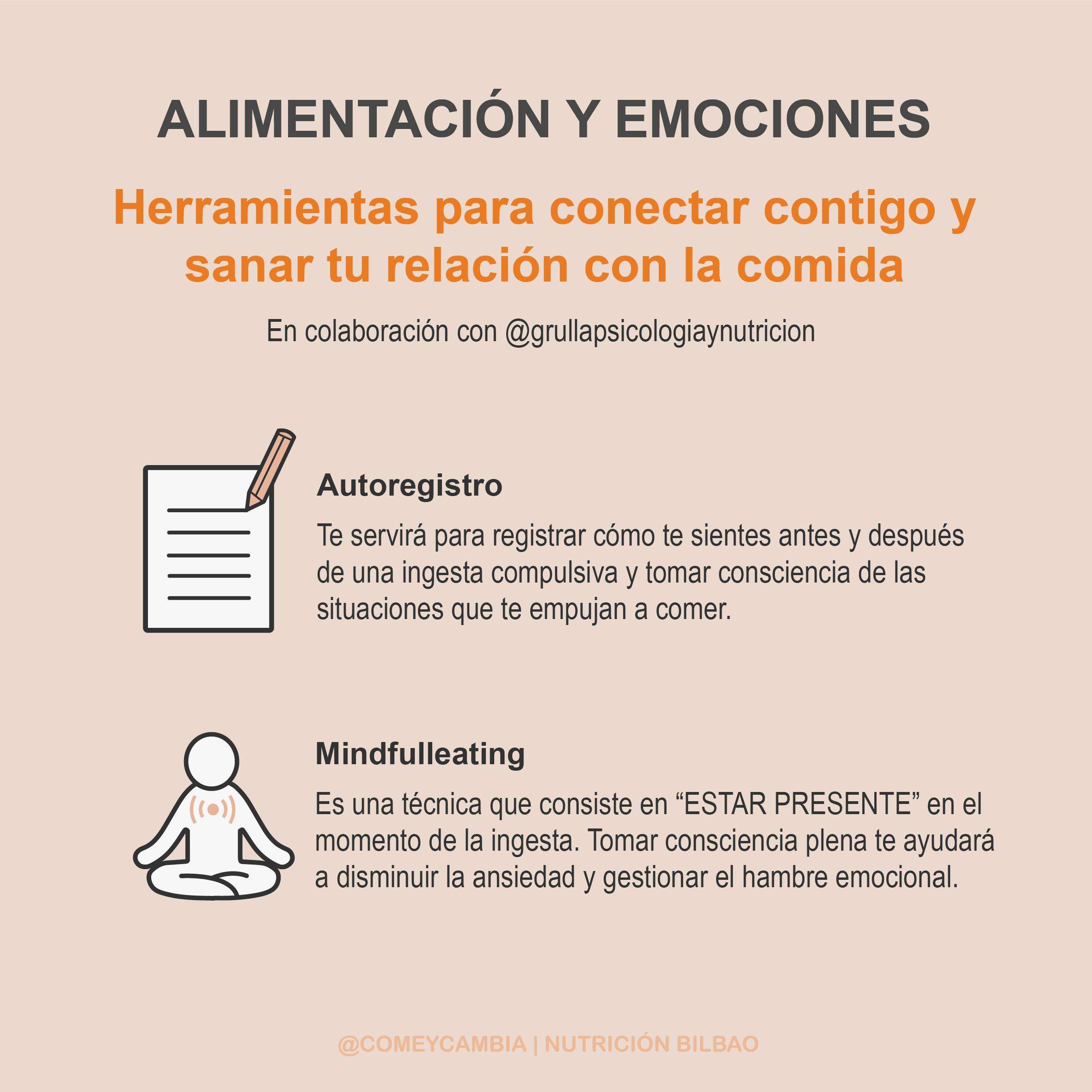 Infografía con herramientas para sanar tu relación con la comida: autorregistro y mindful eating