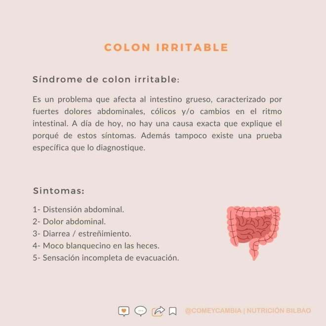 Infografía sobre el síndrome de colon irritable y sus síntomas: distensión, dolor abdominal, diarrea o estreñimiento y sensación de evacuación incompleta