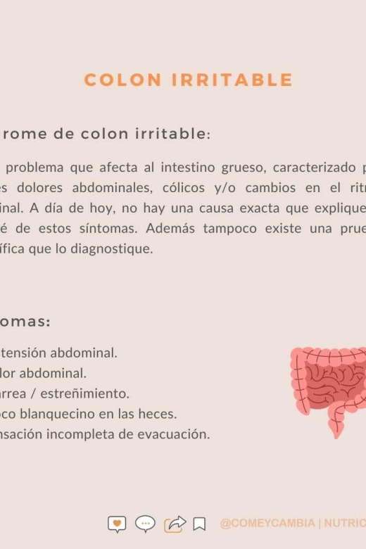 Infografía sobre el síndrome de colon irritable y sus síntomas: distensión, dolor abdominal, diarrea o estreñimiento y sensación de evacuación incompleta