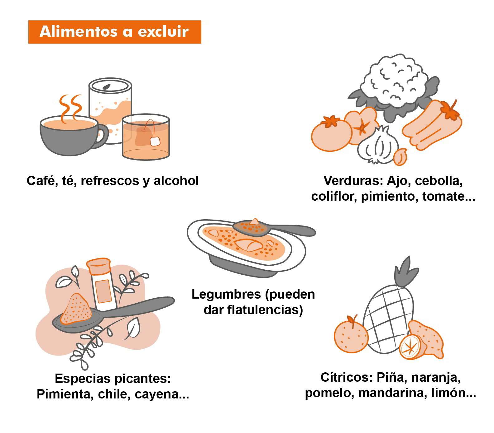 Infografía de alimentos a excluir en la gastritis: café, té y alcohol, ajo y cebolla, legumbres, especias picantes y cítricos